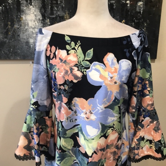 Danny and Nicole Floral Lace Trim Bell Sleeves Off Shoulder Sheath Dress-14 - Picture 2 of 14